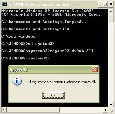 rekisteröidään dx8vb.dll tiedosto Vistalle